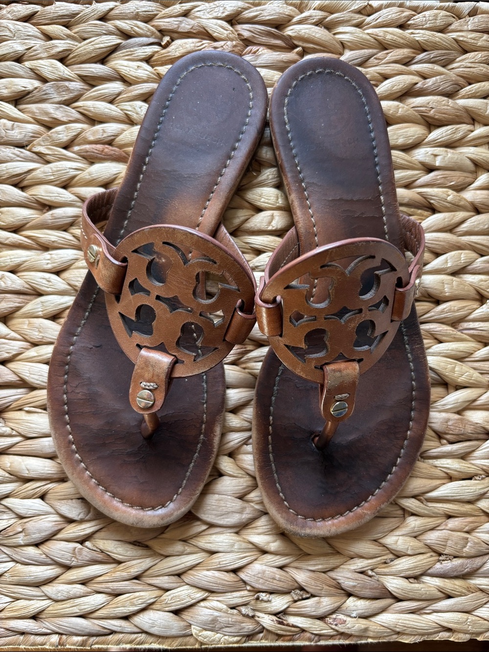 Tory Burch Tan Leather Logo Thong Sandals